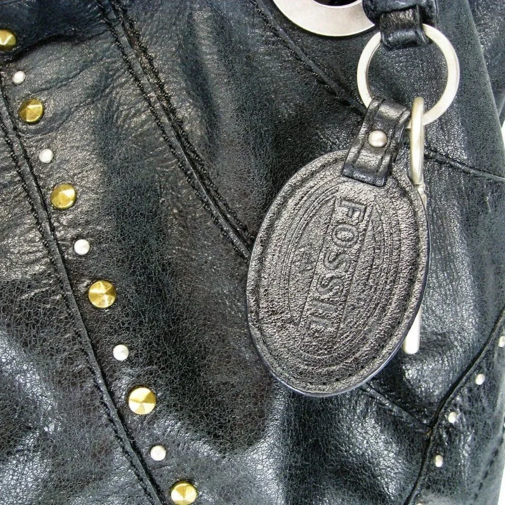 ❤ Fossil Black Studded leather Hathaway Long Live Vintage 1954 large hobo bag ❤